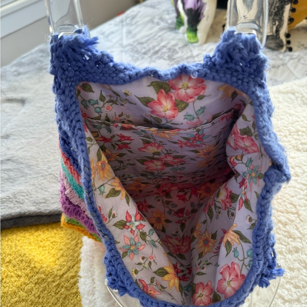 Colorful Striped Knit Handbag with Clear Handle - Picture 5 of 8